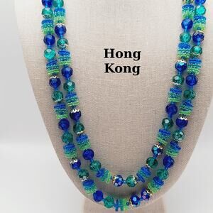 Vintage Hong Kong Beaded Necklace Blue Green Double Strand Faceted Beads
